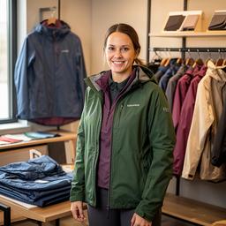 Alcina Berlinger mit wetterfester Outdoorbekleidung im Beratungsbereich