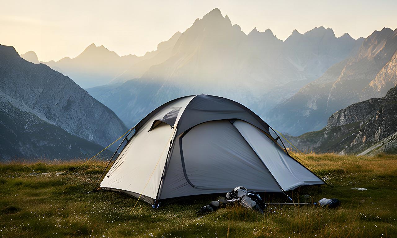Leichtes Trekkingzelt auf einer alpinen Wiese mit Bergen im Morgenlicht