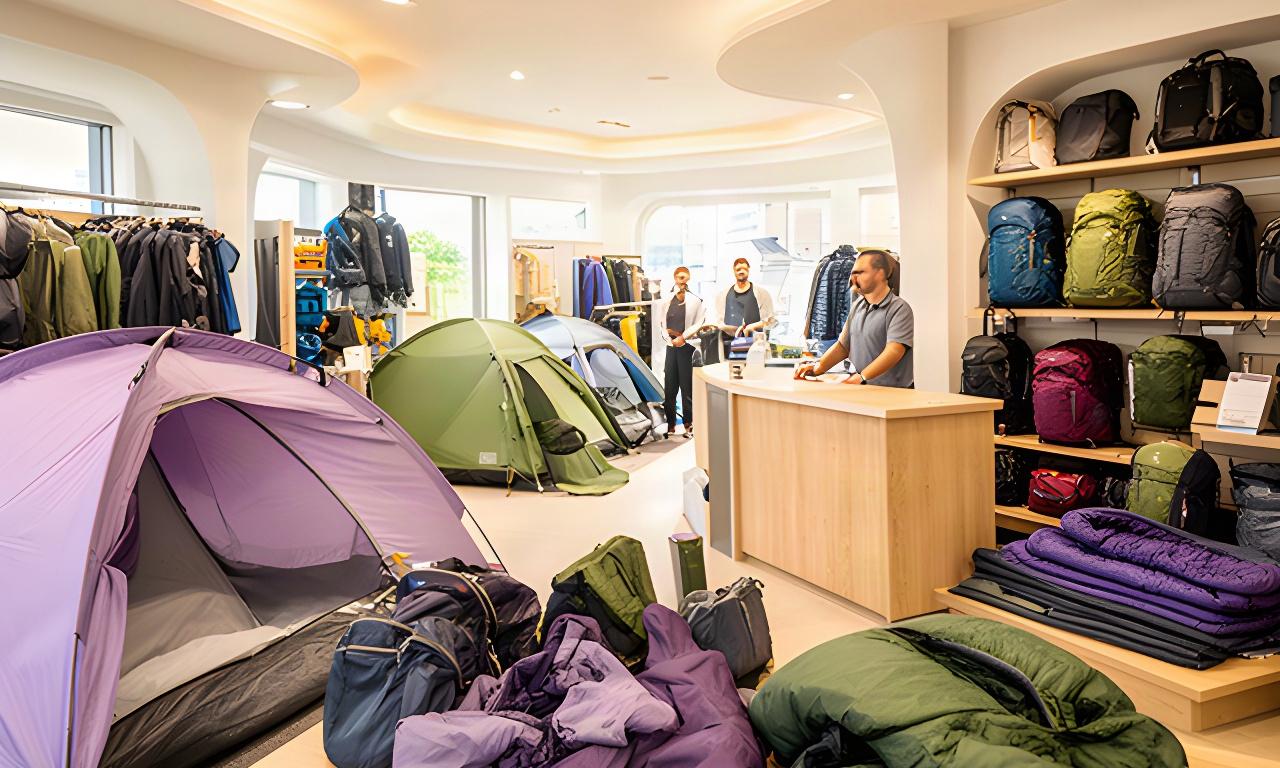 Heller Camping-Showroom in Goldach mit Zelten, Rucksäcken und dem Beratungsteam im Hintergrund